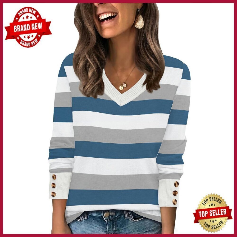 Lightweight V-Neck Sweater Long Sleeve Knit Button Cuff Sizes S-3XL